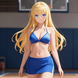 a very beautiful young mature anime basketball girl, full body, long wavy blond hair, sky blue eyes, full round face, short smile, bikini, miniskirt, highly detailed, cinematic wallpaper by stanley artgerm lau