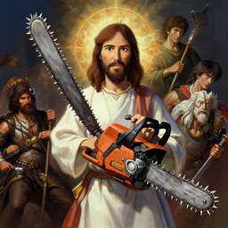 jesus christ the chainsaw man, digital painting, 4 k wallpaper, by hayao miyazaki, kentaro miura, by rembrandt, by moebius, by michelangelo, by frank frazetta, beautiful, holy, gorgeous, biblical, masterpiece