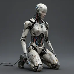 A cyborg kneeling in front of a human. The cyborg has humanoid head, the image is futuristic, cyberpunk, cables, wires, photorealistic, highly detailed, gritty texture, trending in Artstation, Craig Mullins