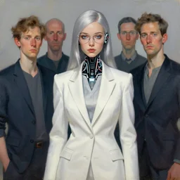 a portrait of a scientist android girl with silver hair wearing white suit and glasses by artgerm and wlop and krenz cushart and stephan martiniere, painterly