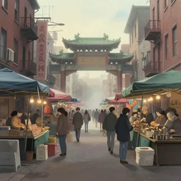 morning market in chinatown, slightly foggy day, matte painting, studio ghibli, artstation