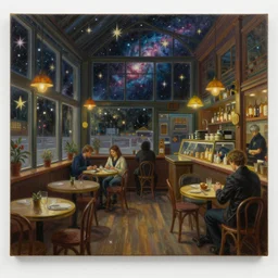 a highly detailed panoramic painting of a large cozy cafe, stars and nebulas through the windows, moebius, thomas cole, patrick markle, moody lighting, oil on canvas, 8 k, 4 k, highly detailed