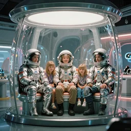 a family is sitting in a futuristic shiny home. They're wearing space helmets. The glass is reflecting the light, Cooke anamorphic, Kodak film, space age pop, cinematic soft lighting, f/1.8 , 50mm, ISO 1000, bokeh. Masterpiece, award winning photography