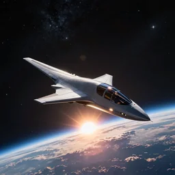 still of a sleek, thin, triangular spaceship, orbiting a planet with the sun cresting on the horizon. detailed starry background, star citizen game render, 8 k, unreal engine, nvidia 3 0 8 0 graphics