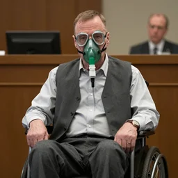 walter white wears oxygen mask on face. he sits in a wheelchair in a courtroom. cinematic lighting