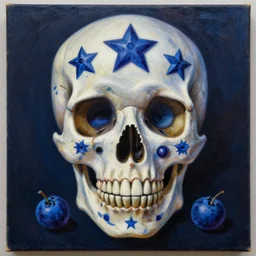 intricate five star blueberry theme skull portrait by pablo picasso, oil on canvas, hdr, high detail, photo realistic, hyperrealism, matte finish, high contrast, 3 d depth, centered, masterpiece, vivid and vibrant colors, enhanced light effect, enhanced eye detail, artstationhd