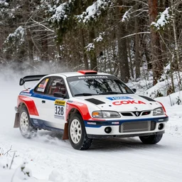 a 1 9 9 8 nissan r 3 9 0 gt 1 road car, racing through a rally stage in a snowy forest