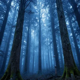 blue wispy forest, tall trees, pipes, moss, digital art
