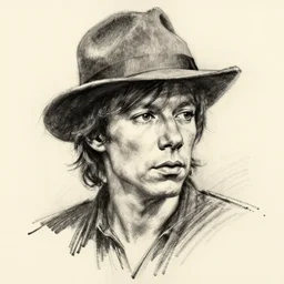 rough sketch charcoal portrait of young mick jagger wearing a hat, angled with big straight strokes around, trending on instagram
