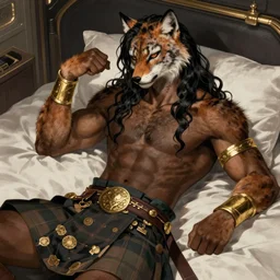 highly detailed digital painting, black male anthro - lynx, human with head of lynx, with long thick wavy hair like fabio, facial scar, hairy masculine gigachad, muscular, wearing kilt and gold armbands, fur texture, lounging on bed aboard the nostromo, trending on artstation, romance novel,