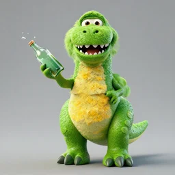 fullbody!! barney the dinosaur from the kid's show holding a broken bottle, absurdist, hyperrealistic, digital art