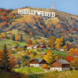 a puritan alpine village in the fall, hollywood hills, painting, unique artstation artist, vibrant colors,