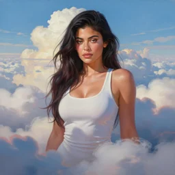 epic vibrant painting of a beautiful female kylie jenner in the high clouds, # conceptart cg, # oc, by stephanie hans by peter mohrbacher by charlie bowater by ashley woodepic vibrant painting of a beautiful female kylie jenner