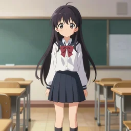 full body anime portrait of a cute android girl round eyes long hair dressed in a school uniform inside the school about to confess cinematic stunning highly detailed 4 k anatomically correct