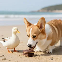 a corgi eating a twinkie at the beach with a duck sitting next to the corgi.