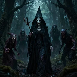 the scariest witches surrounded by horror creatures in the scariest dark forest, epic scene, dark, scary, horror, frightening, fantasy, cinematic, redshift render, cgi, hyper - detailed, photo - bash, 8 k post - production, masterpiece