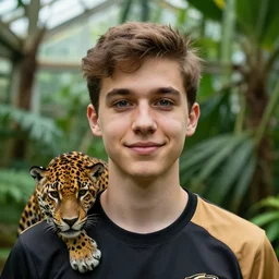 portrait photograph of crypto from apex legens, young male, symmetric face!, symmetric round detailed eyes!!, slight smile, natural light, with a very detailed jaguar! on her shoulder in a tropical greenhouse. looking at the camera!! super resolution. extremely detailed. graflex camera!, bokeh!!!!! trending on artstation.