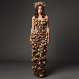 full body fine art photo of the beauty gal gadot, she has a crown of dried flowers and is wearing a fashionist conceptaul dress made of dried roses, taken by oleg oprisco