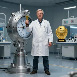 scientist showing his time machine invention, full body, award winning photo, hd, high detailed