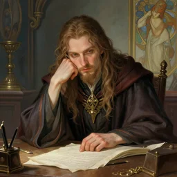 fantasy portrait of a wizard procrastinating at his desk!! wizard robes, in the style of ryan jia, highly detailed. smooth, sharp focus, soft lighting, illstration by ilya kuvshinov and katsura masakazu and alphonse mucha, 8 k