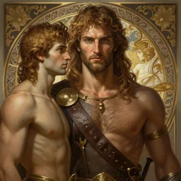 very very very epic portrait of the greek man patroclus and his friend achilles, soft hair, muscular, half body, leather, hairy, d & d, fantasy, intricate, elegant, highly detailed, digital painting, artstation, concept art, smooth, sharp focus, illustration, art by artgerm and greg rutkowski and alphonse mucha