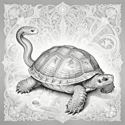 a beautiful painting of one full - body turtle with one turtle shell and another side with one snake head, wisdom, good and evil, white ink + magical + symmetrical + detailed intricate + heraldic design + atmosphere ， by peter mohrbacher and kentaro miura + high details, in the style of jean delville, artstation, 8 k, tarmo juhola, ivan laliashvili, james gurney, moebius, roger dean, wlop, victo ngai, 4 k, cinematic