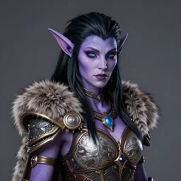 portrait of a alluring draenei in pelt armor, furaccessories, dark hair, purple skin, blue eyes, fantasy, sharp focus, award - winning, masterpiece, highly detailed, intricate, by seb mckinnon, rossdraws, tarot card border