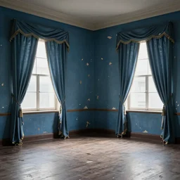 15081959 21121991 01012000 4k, highly detailed, sharp focus a large empty room, the curtains at the windows are frayed, the blue wallpaper is torn,