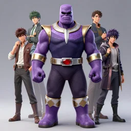beautiful full body portrait of thanos dressed like the purple mighty morphin power ranger with a power ranger's helmet. character design by disney, anime, manga, charlie bowater, ross tran, artgerm, and makoto shinkai, detailed, soft lighting, rendered in octane