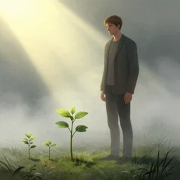 editorial illustration by karolis strautniekas and mads berg, illustrated tiny saplings next to a very tall man, fog, fine texture, detailed, muted colors, dramatic lighting, dynamic composition, vivid, matte print, wide angle, ( ( sunbeams ) ), moody