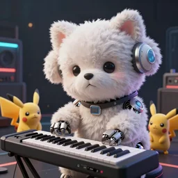 high quality 3 d render very cute fluffy cyborg!! dog plays synthesizer, cyberpunk highly detailed, unreal engine cinematic smooth, in the style of blade runner & detective pikachu, hannah yata charlie immer, moody light, low angle, uhd 8 k, sharp focus