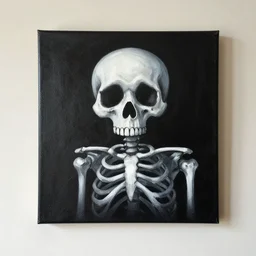 A painting on the wall of spooky scary skeleton.