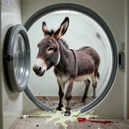 a hyper stylised photograph of a man turning into a donkey, he has teeth growing from his eyes and he is spinning inside a tumble dryer. his body has melted and has dribbled out onto the floor. william wegman meets cy twombly.