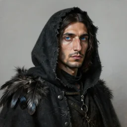 portrait painting of a blue - eyed middle eastern man with shoulder length hair wearing a tattered black cloak with feathers and coat, sharp focus, award - winning, trending on artstation, masterpiece, highly detailed, intricate. art by seb mckinnon