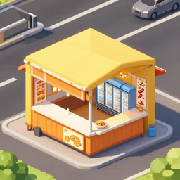 one small orange street food shop in the form of a small house near the highway that looks open with a yellow exterior and then there are several freezers in the shop, with posters of nuggets and sausages, pixel art, artstation, isometric view. game rpg