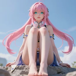 taken from an extremely low angle at her feet, stunningly beautiful omnipotent anime goddess with pink hair and mesmerizing cyan eyes, unreal engine 5, 8 k