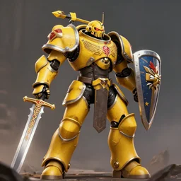 dynamic portrait of a intricate mechanical warforged character in yellow armor holding a paladin engraved great longsword and carrying a big shield, epic , trending on ArtStation, cinematic lighting, by Jesper Ejsing