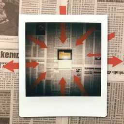 a wall covered in newspaper headlines, red arrows pointing between them, made by a schizophrenic journalist, polaroid photograph