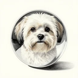 self portrait of a havanese dog reflecting into a chrome sphere, 1 9 5 0 s, pen on paper, by mc escher