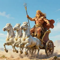 Poseidon riding a chariot pulled by hippocampi while holding his trident 4K detail artstation