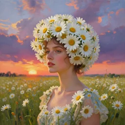 portrait of a woman, head made of giant daisies, in a flower field, surreal photography, sunset dramatic light, impressionist painting, colorful clouds, large sky, digital painting, artstation, simon stalenhag
