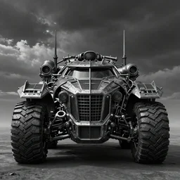 ultra realist 3d soft paint of a gothic four wheel vehicle fully armored, MadMax, symmetry accurate features, very intricate details, ominous sky, black and white, volumetric light clouds, realistic background