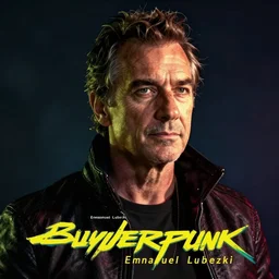cinematography of buff cyberpunk man by Emmanuel Lubezki