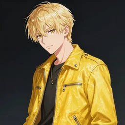 blonde male wearing a yellow leather jacket, Makoto shinkai