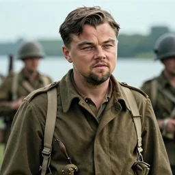 leonardo dicaprio as a us ww 2 soldier during the battle of the rhine, cinematic lighting photorealistic highly detailed