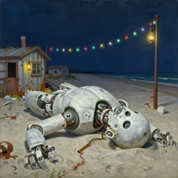 painting by dean cornwell, ilya repin, nc wyeth painting, ultra wide, vanishing point, 3 d perspective, beached, dead giant robot corpse, white marble, award winning, up close, beaching, rust, midnight, junk town, lanterns, makeshift house, colorful lightbulb festoon lights, telephone pole
