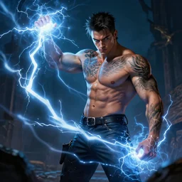 handsome tattooed gym bro warlock lightning magic spell vfx, diagonal spell vfx, fantasy game spell, fantasy epic digital art, by greg rutkowski, gaston bussiere, craig mullins, j. c. leyendecker, tom of finland
