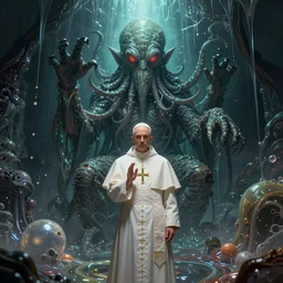 pope priest in front of a cthulhu within a viscosity fluid lovecraft portal artwork by android jones, smooth lighting, detailed