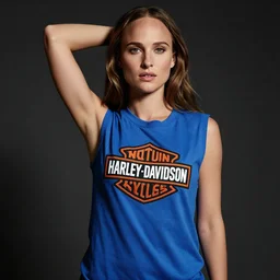a beautiful natalie portman wearing a long loose blue sleeveless t - shirt with harley davidson logo, seductive pose, ultrarealistic, dramatic lighting, cinematic, artstation, high detail, by hajime sorayama, peter mohrbacher, boris vallejo, aaron horkey