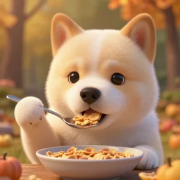 very beautiful portrait of an extremely cute and adorable dog eating cereal using spoon, smooth, perfect face, fantasy, character design by mark ryden and pixar and hayao miyazaki, sharp focus, concept art, harvest fall vibrancy, intricate detail, cinematic lighting, hyperrealistic, 3 5 mm, diorama macro photography, 8 k, 4 k